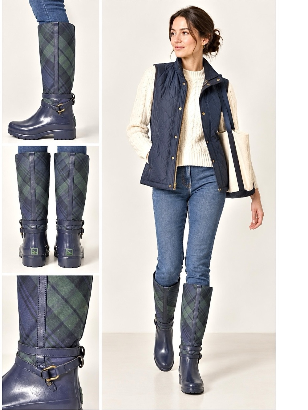 Sperry Top-Sider Navy Plaid Mixed Media Waterproof Ridding Rain Boots Size 10